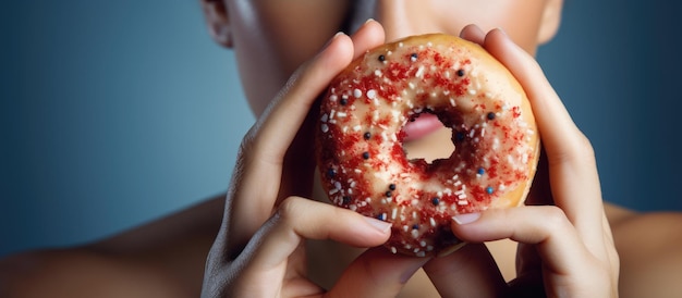 Foto compuesta de una mujer caucásica disfrutando de un donut que representa una alimentación poco saludable y una indulgencia