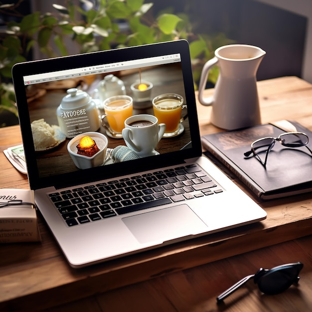 Foto de computadora portátil con pantalla en la mesa de la oficina y taza de café