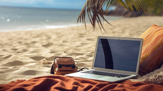 Foto una foto de una computadora portátil y un teléfono móvil en una playa en blanco