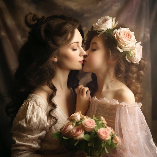 foto conceito de dia das mães com filha beijando mãe