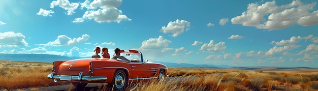 Foto conceito realista de Amigos embarcando em uma viagem de estrada em um carro conversível capturando o exci