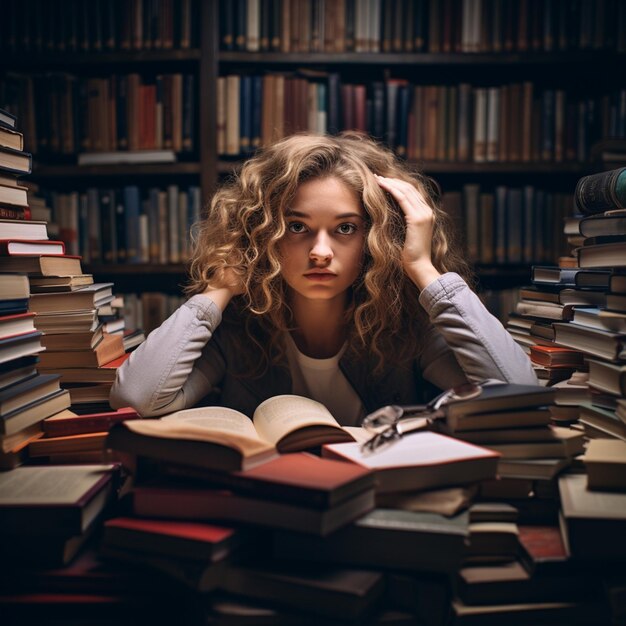 foto concentrada chica rodeada de libros