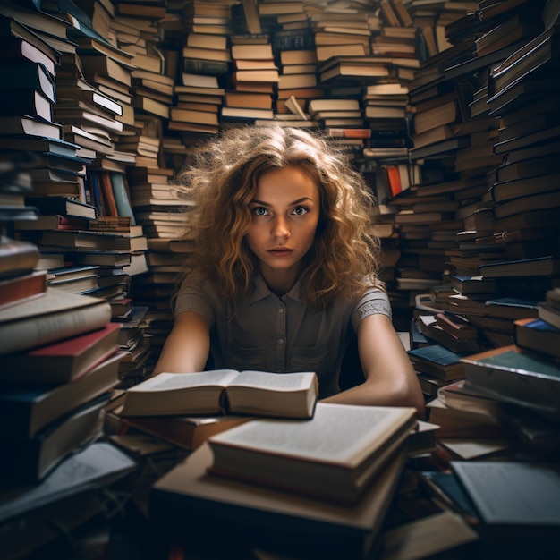 Foto foto concentrada menina cercada por livros