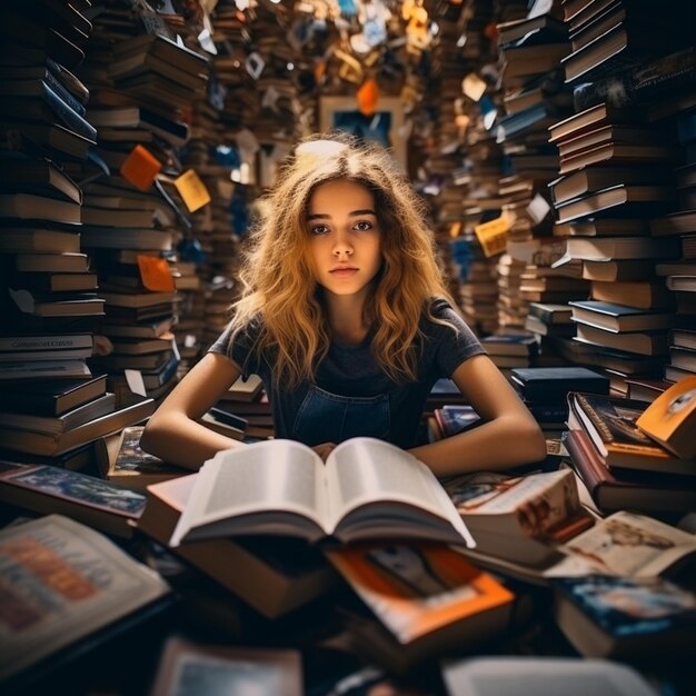 foto concentrada menina cercada por livros