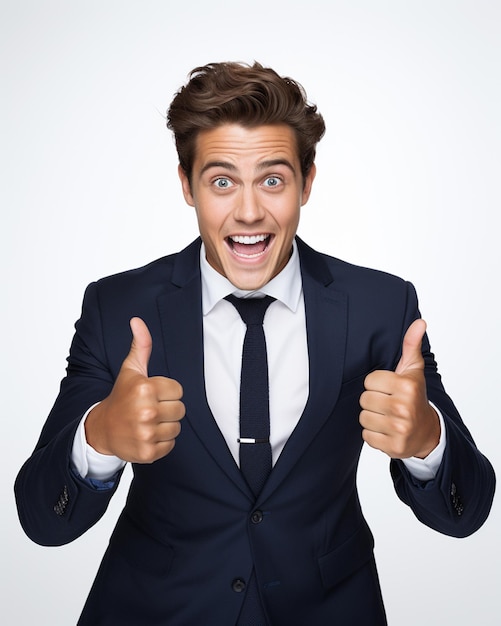 Foto concepto de negocio retrato de un hombre emocionado vestido con ropa formal dando el visto bueno