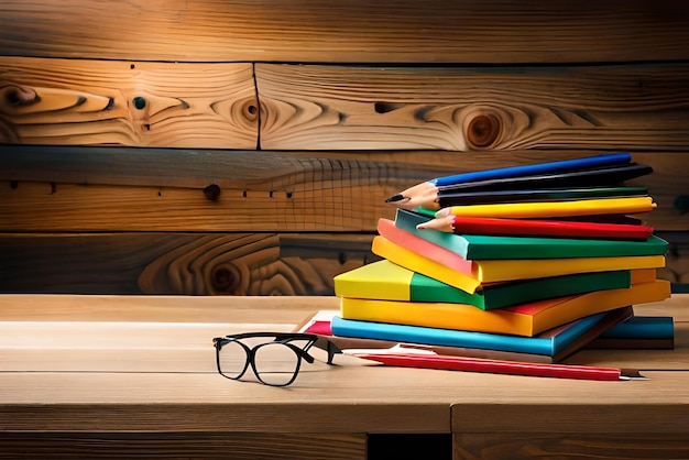 Foto foto concepto de regreso a la escuela lápiz de color y útiles escolares coloridos en la mesa de madera