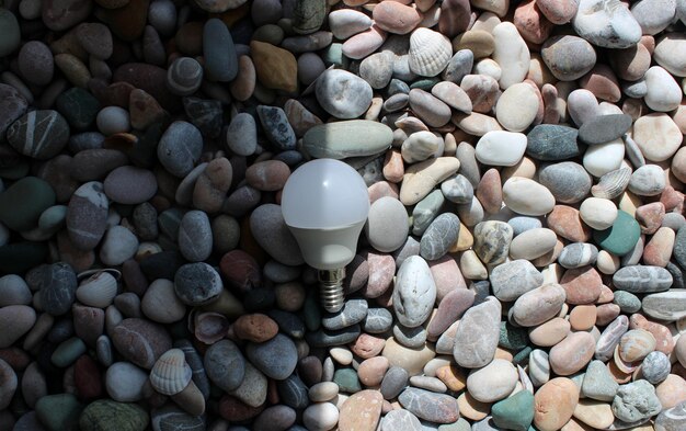 Foto de concepto de textura de piedras de lámpara de bombilla económica en el borde entre el sol y la sombra