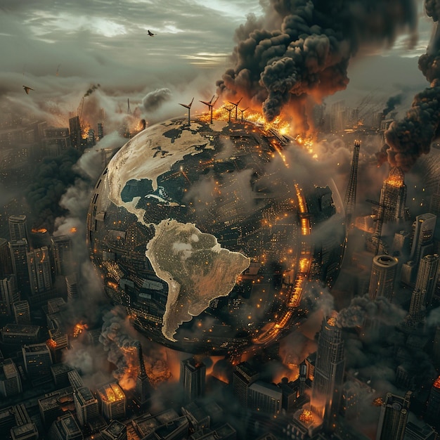 Foto conceptual que representa la Tierra destruida por el calentamiento global y la contaminación industrial
