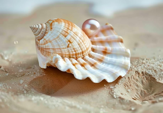 Foto foto de una concha con una perla en la playa y el sol en el fondo