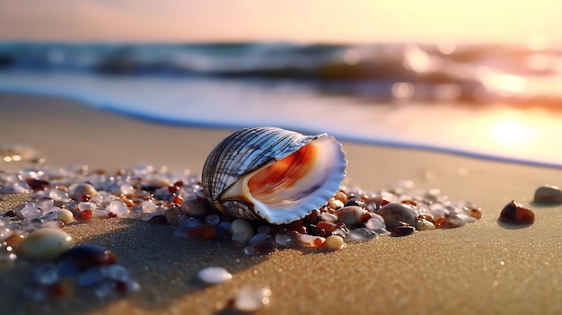 Foto concha con perlas y perlas sobre un fondo azul.