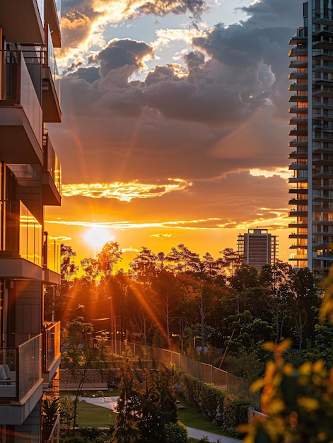 Foto del condominio durante la noche con la puesta de sol