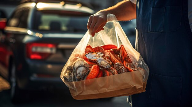 Una foto de un conductor de entregas sosteniendo una bolsa de productos recién horneados