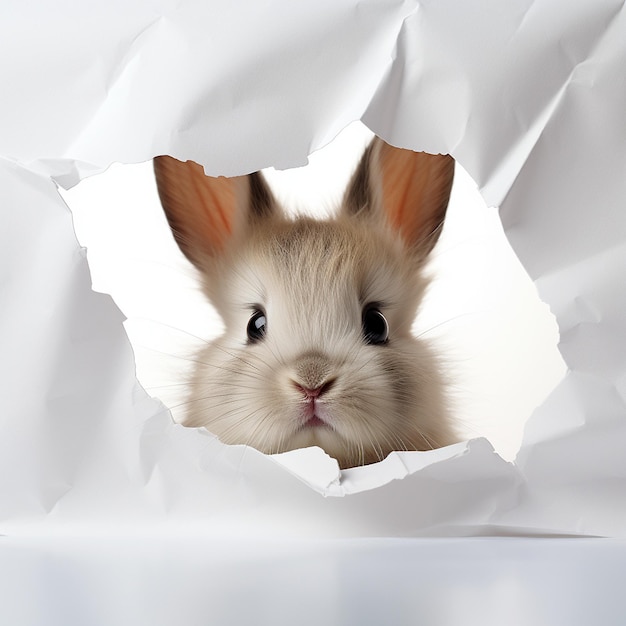 foto de un conejo bebé mirando a través de una lágrima de papel blanco