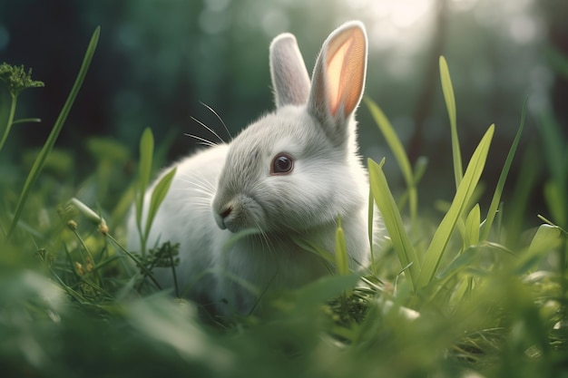 Una foto de un conejo comiendo hierba en primer plano