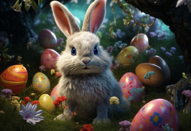 foto de conejo feliz con muchos huevos de Pascua en el fondo festivo de la hierba para el diseño decorativo