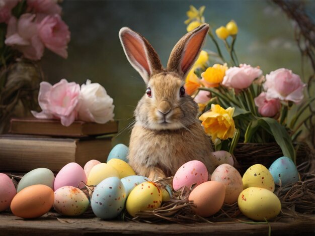 foto de conejo feliz con muchos huevos de Pascua en el fondo festivo de la hierba para el diseño decorativo