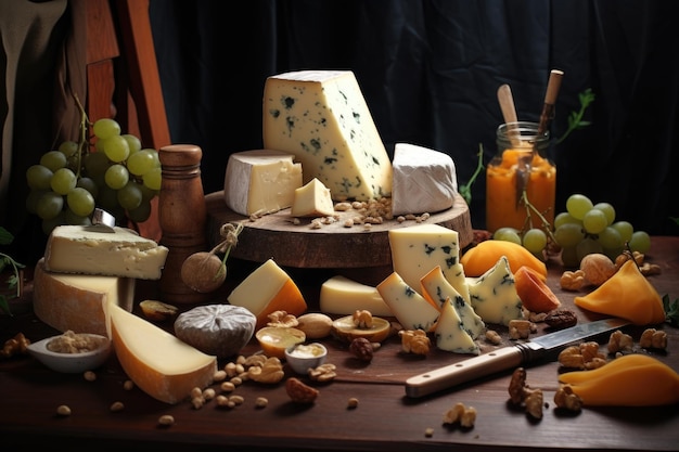Foto de un conjunto de diferentes tipos de quesos con uvas y bocadillos.