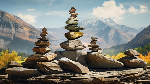 Una foto de un conjunto de rocas de equilibrio con fondo de montaña rocosa