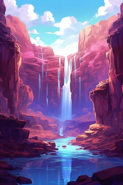 Foto conservada em estoque de uma animação de uma cachoeira no deserto