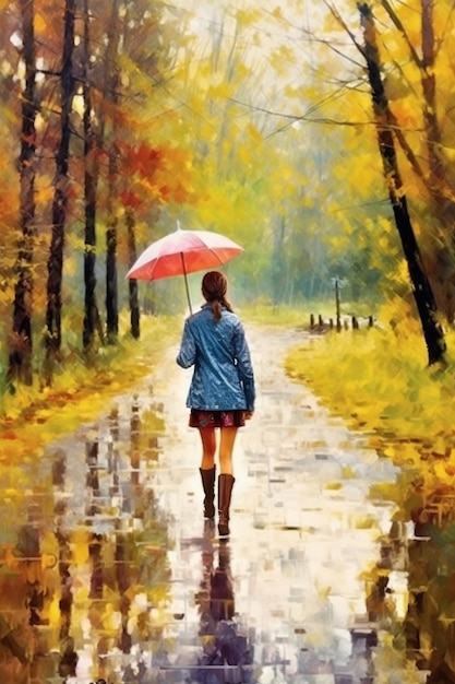 Foto conservada em estoque de uma pintura de um dia chuvoso com uma menina que anda através das árvores