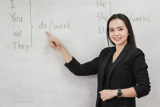 Foto conservada em estoque de uma professora asiática alegre e confiante em um uniforme de terno preto com um tablet digital e laptop para ensinar linguagem moderna na sala de aula