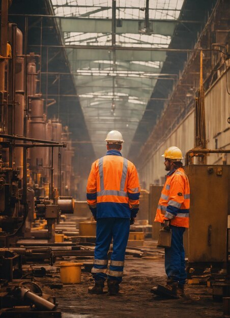 La foto del constructor en un chaleco de construcción y casco naranja de pie en el fondo del estudio