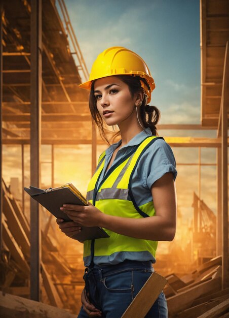 La foto del constructor en un chaleco de construcción y casco naranja de pie en el fondo del estudio