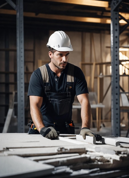 La foto del constructor en un chaleco de construcción y casco naranja de pie en el fondo del estudio