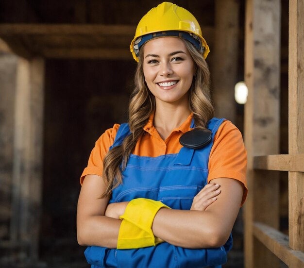 Foto la foto del constructor en un chaleco de construcción y casco naranja de pie en el fondo del estudio