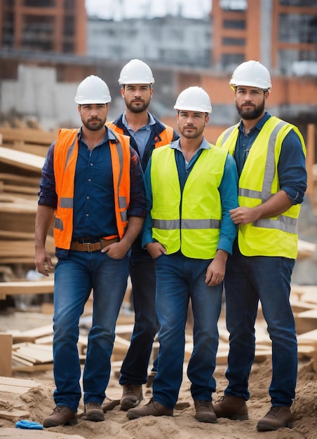 Foto la foto del constructor en un chaleco de construcción y casco naranja de pie en el fondo del estudio