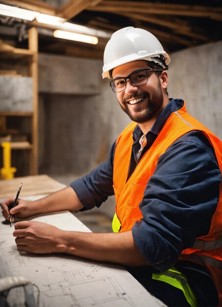 Foto la foto del constructor en un chaleco de construcción y casco naranja de pie en el fondo del estudio