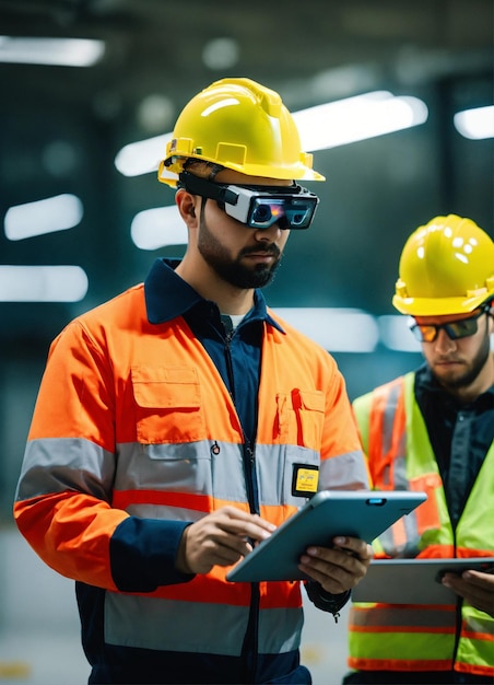 Foto la foto del constructor en un chaleco de construcción y casco naranja de pie en el fondo del estudio