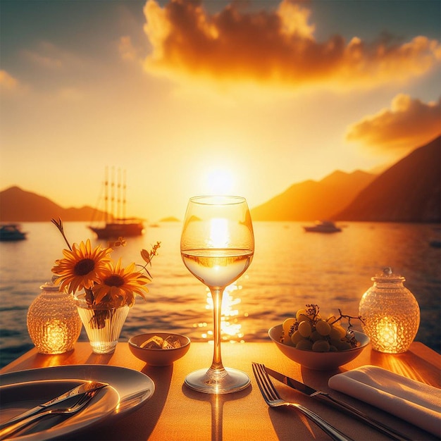 Foto de una copa de vino blanco contra la puesta de sol hermosa noche de verano vista al mar copas de cena de lujo