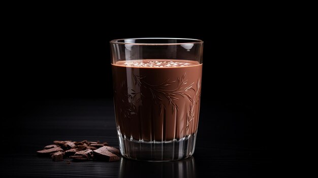 Foto copo de leite com chocolate na superfície escura