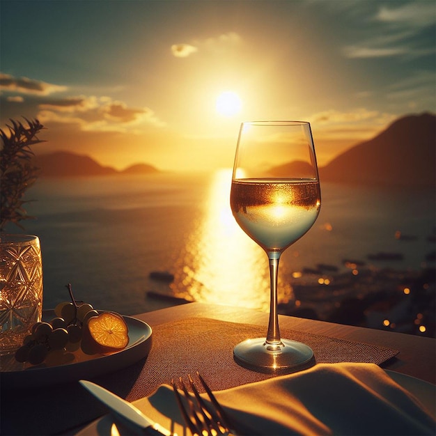 Foto copo de vinho branco contra o pôr-do-sol bela noite de verão vista para o mar copos de jantar de luxo