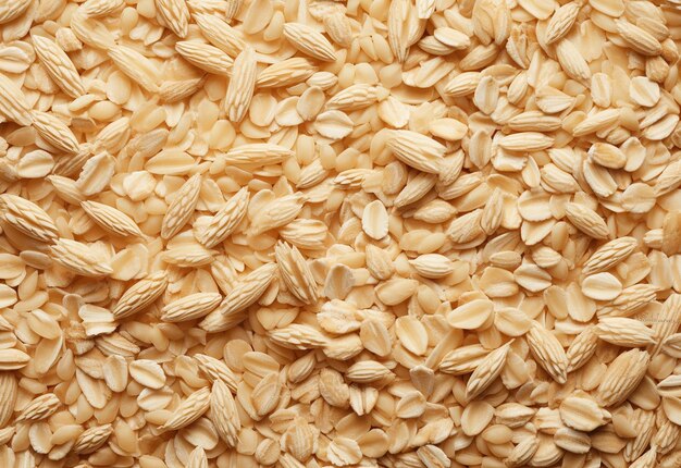 Foto de copos de avena, granos de avena, plato de avena en un tazón de madera sobre una mesa de madera