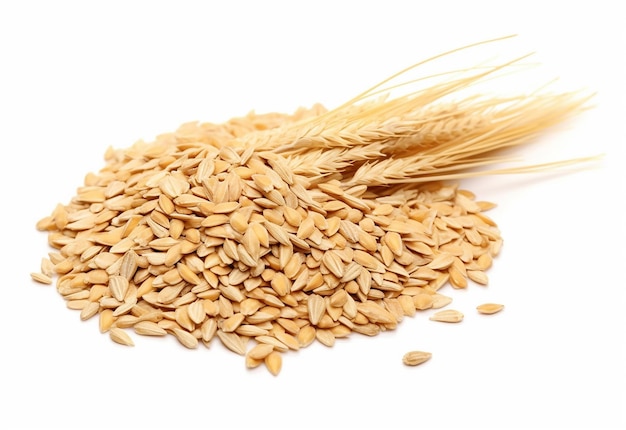 Foto de copos de avena, granos de avena, plato de avena en un tazón de madera sobre una mesa de madera