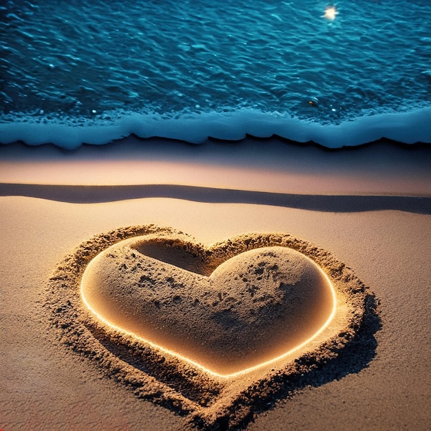 Foto corazón en la arena en una playa de noche ai generativo