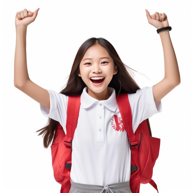 Una foto de Corea, una hermosa y linda niña de 15 años con ojos brillantes y sonrientes, mirando hacia arriba y con 2 brazos levantados.