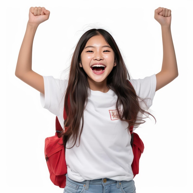 Una foto de Corea, una hermosa y linda niña de 15 años con ojos brillantes y sonrientes, mirando hacia arriba y con 2 brazos levantados.