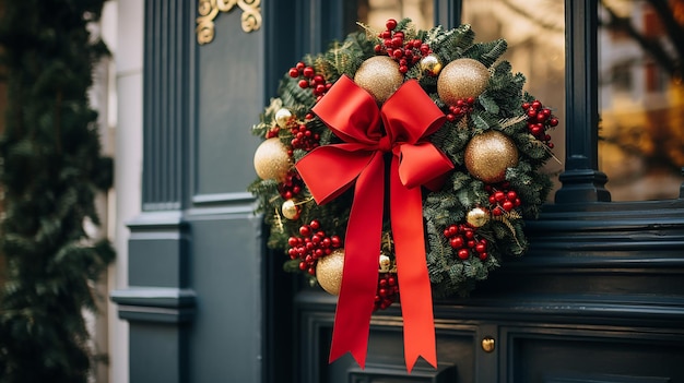 Una foto de una corona de Navidad bellamente decorada.