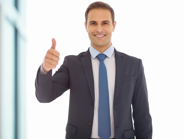 Foto foto corporativa hombre de negocios guapo señalando la mano en un fondo blanco