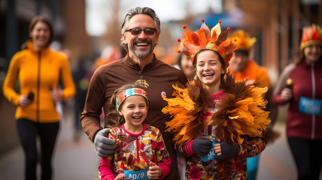 Foto una foto de corredores de todas las edades que participan en una carrera de turkey trot adornados con trajes festivos