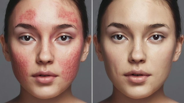 Foto cortada do rosto de uma jovem mulher antes e depois do tratamento de acne no facez