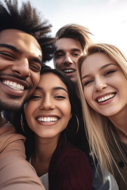 Una foto cortada de un grupo de amigos irreconocibles tomando una selfie afuera