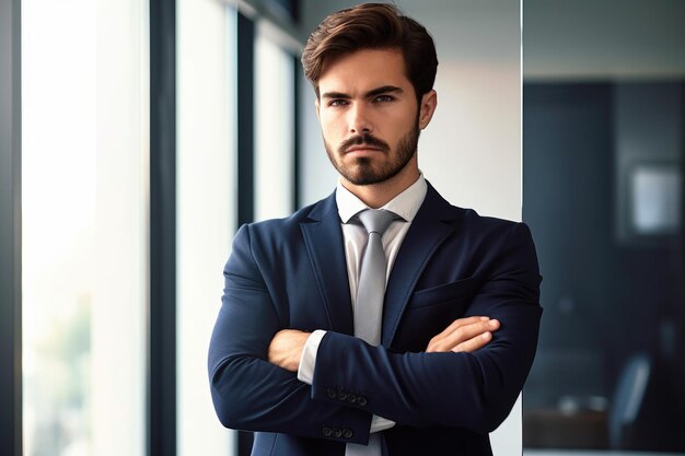 Una foto cortada de un joven empresario serio de pie en su oficina