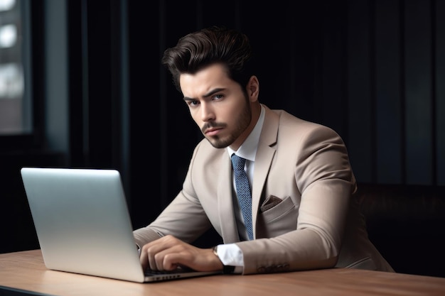 Una foto cortada de un joven y guapo hombre de negocios trabajando en su portátil en la oficina.