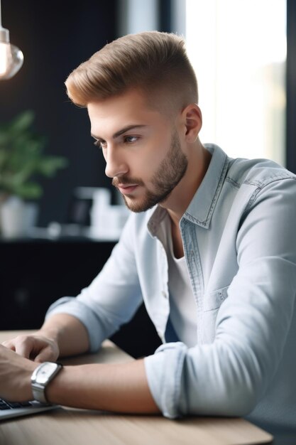 Una foto cortada de un joven guapo trabajando en una computadora portátil en su oficina