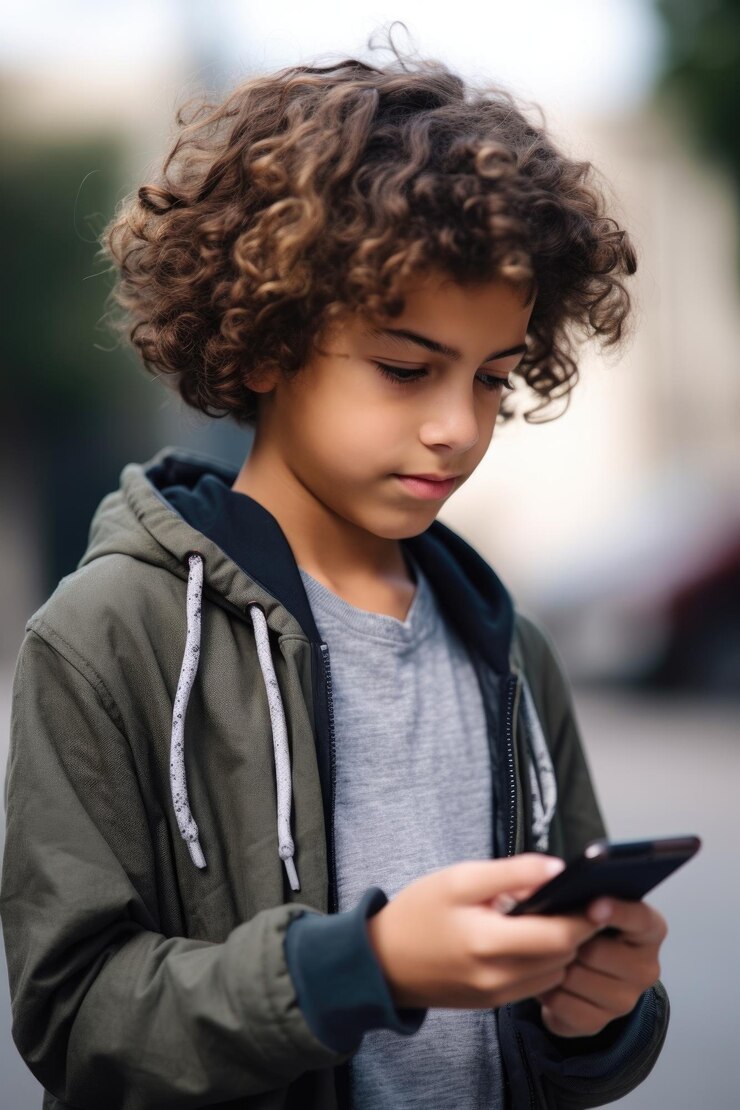 Una foto cortada de un niño usando un teléfono móvil afuera