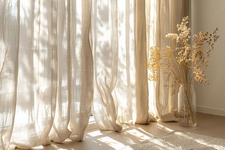 Una foto de cortinas de lino con flores secas en la luz del sol derecha que brilla a través de la cortina bei